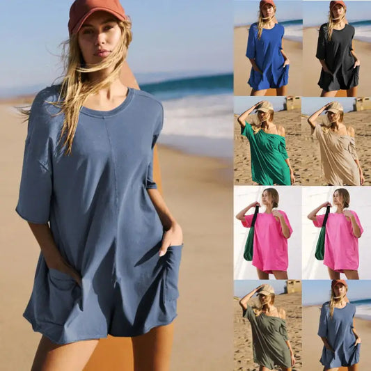 Rompers for Women Casual Short Sleeve Oversized Athletic Workout Reversible Hot Shot Tee Romper Deep Pockets - My Store