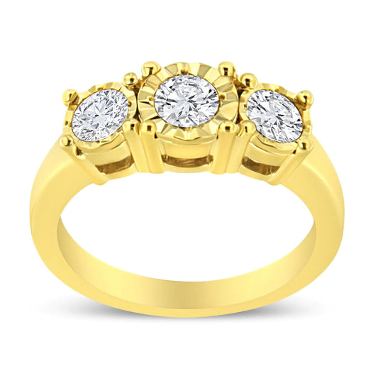 14K Yellow Gold Plated .925 Sterling Silver 1.00 Cttw Miracle-Set Round Diamond Three Stone Engagement Ring (K-L Color, I1-I2 Clarity) - My Store